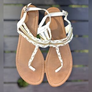 White & Gold Braided Strap Sandals